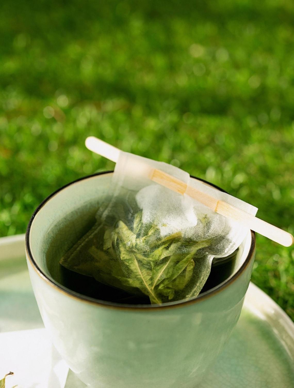 Pyramid tea bag with herbal leaves steeping in a ceramic cup outdoors